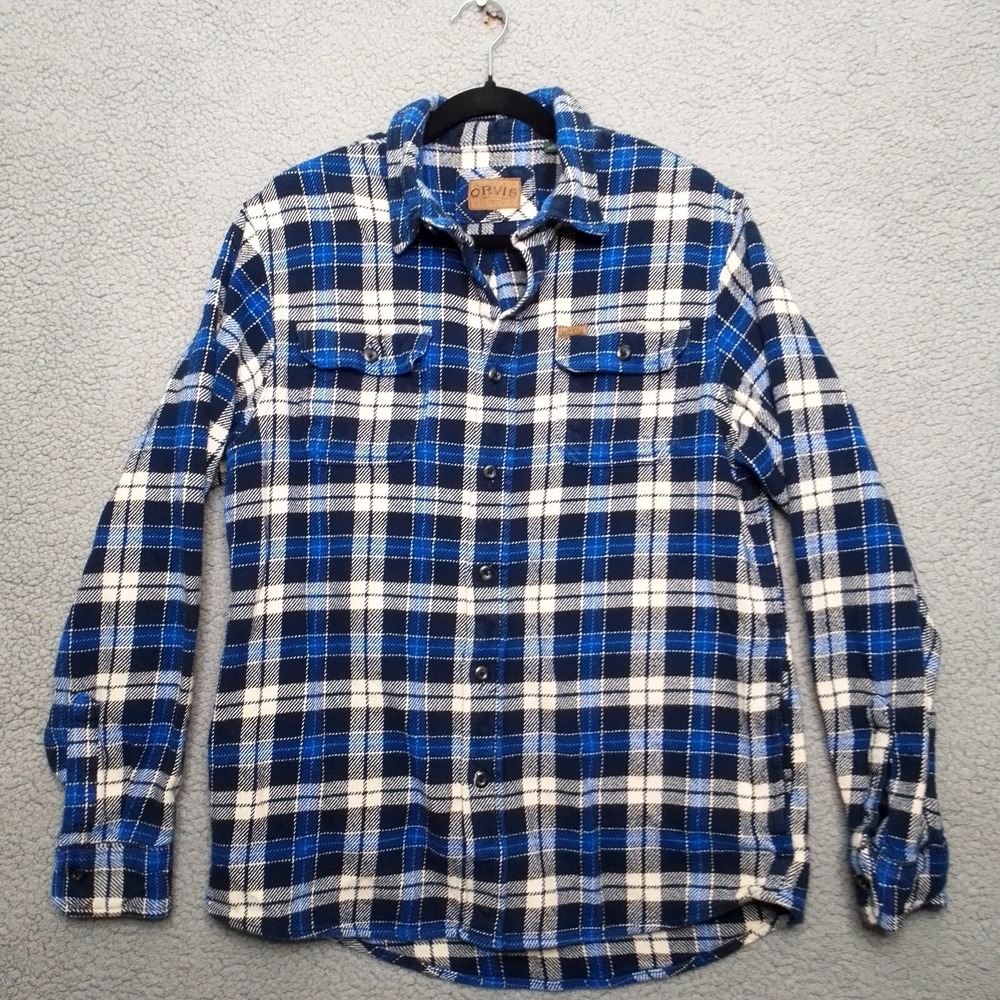 ORVIS Heavy Flannel Mens Sz M Shirt Jacket Blue Plaid Button Up Shacket Fishing